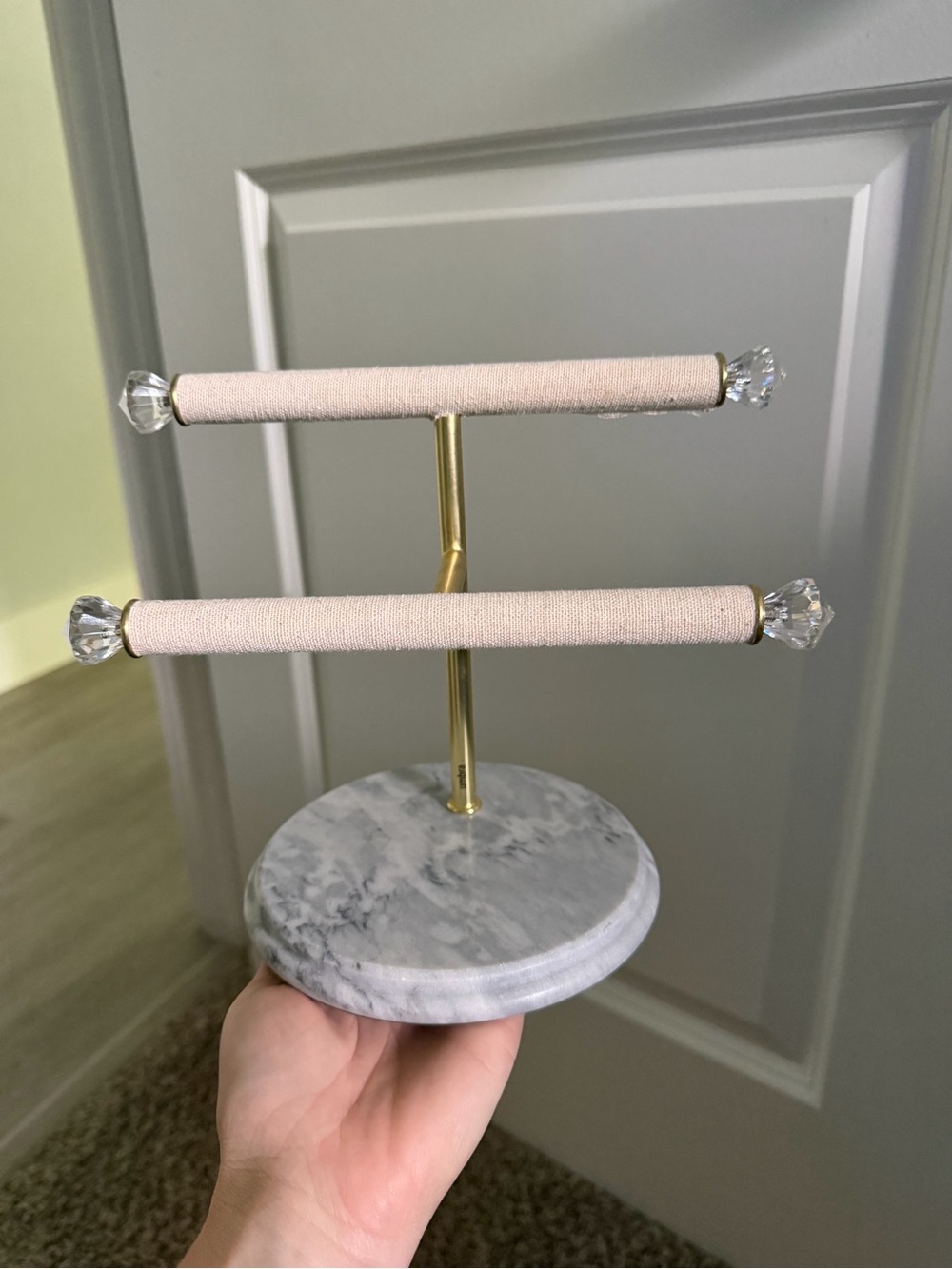 Two-Tier Pink Fabric Jewelry Stand with Marble Base